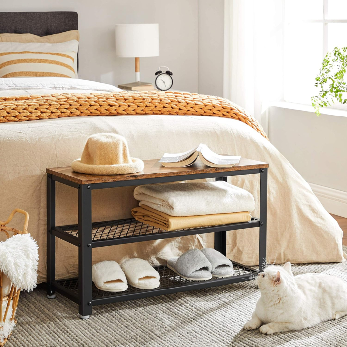 VASAGLE Raft pentru pantofi cu 2 polite, 73x30x45cm, otel, stil industrial, maro rustic si negru [7]