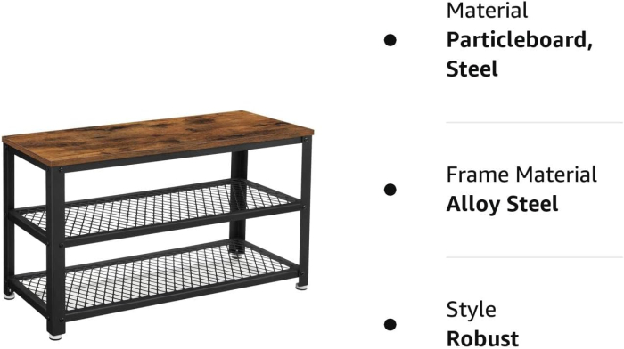 VASAGLE Raft pentru pantofi cu 2 polite, 73x30x45cm, otel, stil industrial, maro rustic si negru [2]