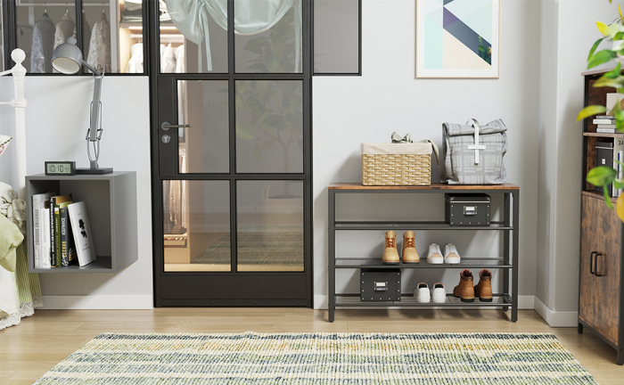 VASAGLE Raft pentru pantofi cu 3 polite, 100x30x72cm, otel, stil industrial, maro rustic si negru [7]