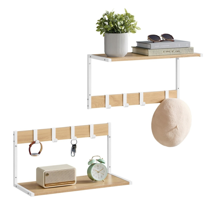 VASAGLE Set 2 cuiere cu rafturi perete, PAL si otel, 50x24x27 cm, stejar, alb [2]