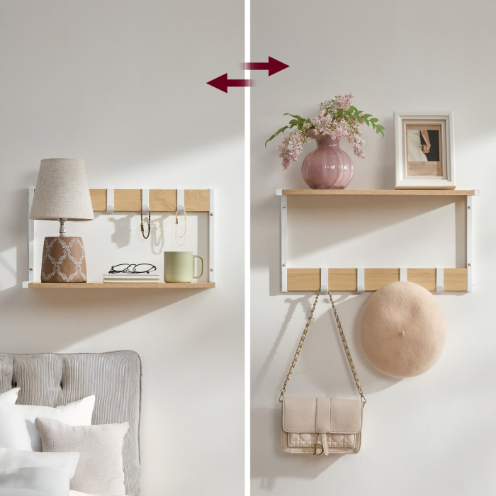 VASAGLE Set 2 cuiere cu rafturi perete, PAL si otel, 50x24x27 cm, stejar, alb [6]