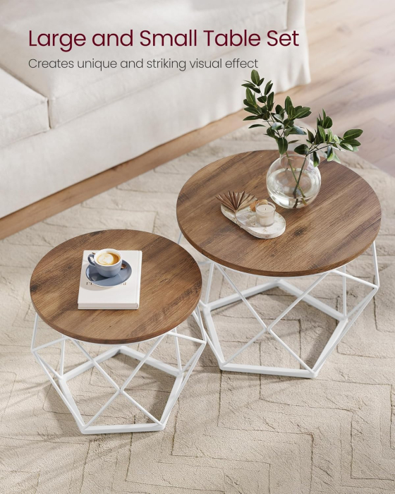 VASAGLE Set de 2 mese de cafea rotunde, cadru otel si blat detasabil, 40cm si 50cm, alb si maro [5]