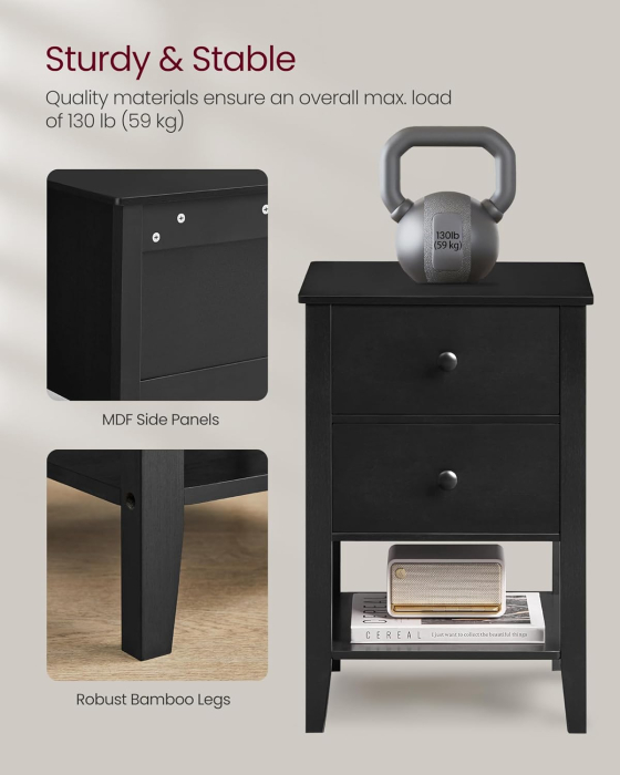 VASAGLE Set de 2 noptiere din bambus, cu 2 sertare, 35x40x60 cm, negru [5]