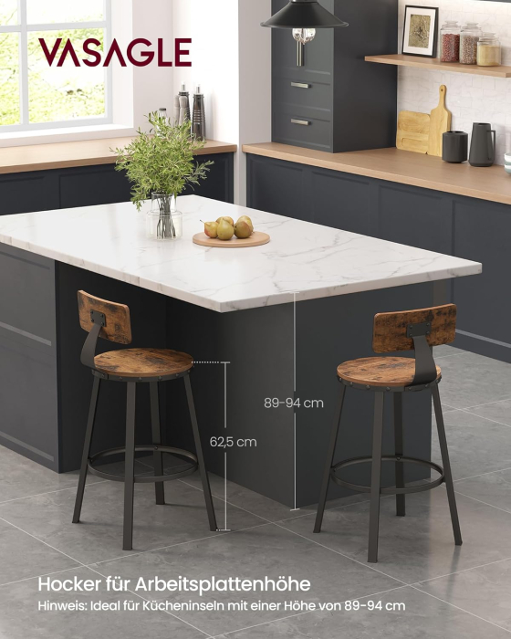 VASAGLE Set de 2 scaune de bar inalte cu spatar, cadru din otel, industrial, 51x89cm, maro rustic [4]