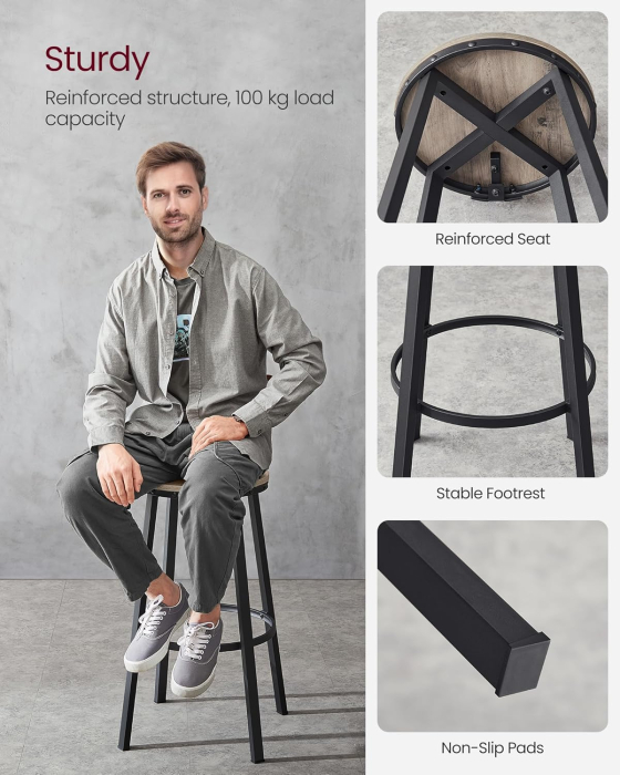 VASAGLE Set de 2 scaune de bar inalte cu spatar, cadru din otel, industrial, 54x99cm, gri stejar [4]