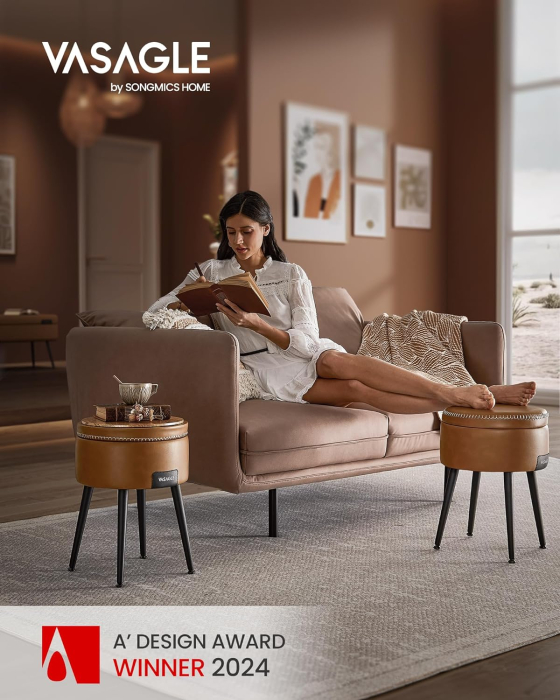 VASAGLE Taburet cu spatiu de depozitare, tapitat PU, cu 2 fete, diametru 32 cm, maro [2]