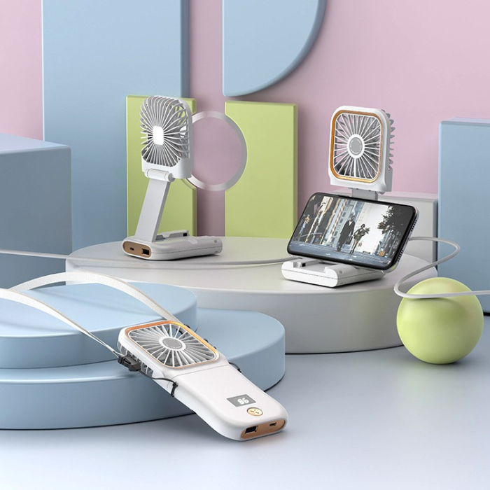 Ventilator Portabil , 3 in 1, de Mana, de Gat, de Birou, 16.7 x 8 x 1.9 cm, 3 Trepte de Viteza, Incarcare USB, Pliabil, Afisaj Digital, Suport Telefon, Alb [10]