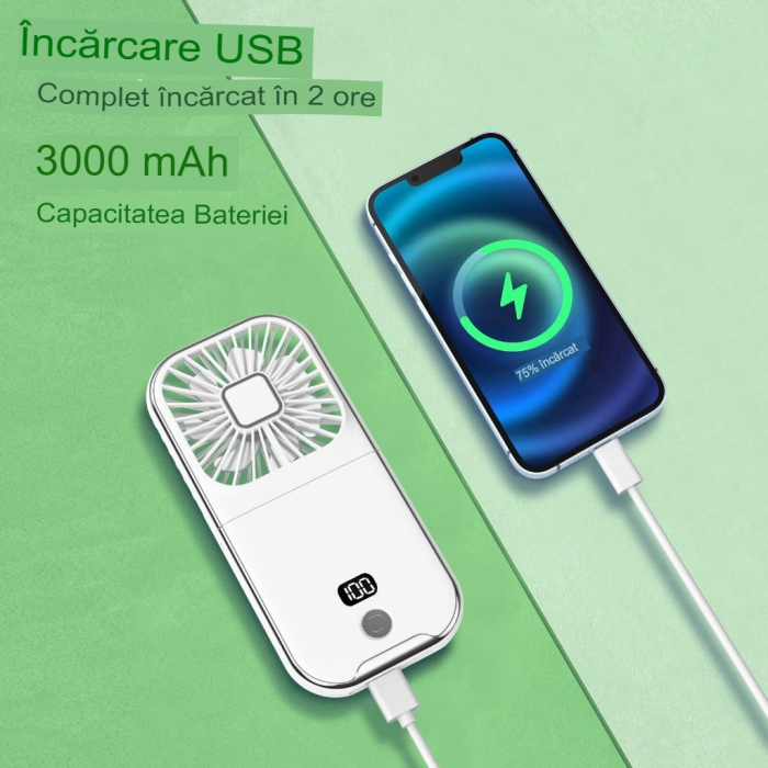 Ventilator Portabil , 3 in 1, de Mana, de Gat, de Birou, 16.7 x 8 x 1.9 cm, 3 Trepte de Viteza, Incarcare USB, Pliabil, Afisaj Digital, Suport Telefon, Alb [3]