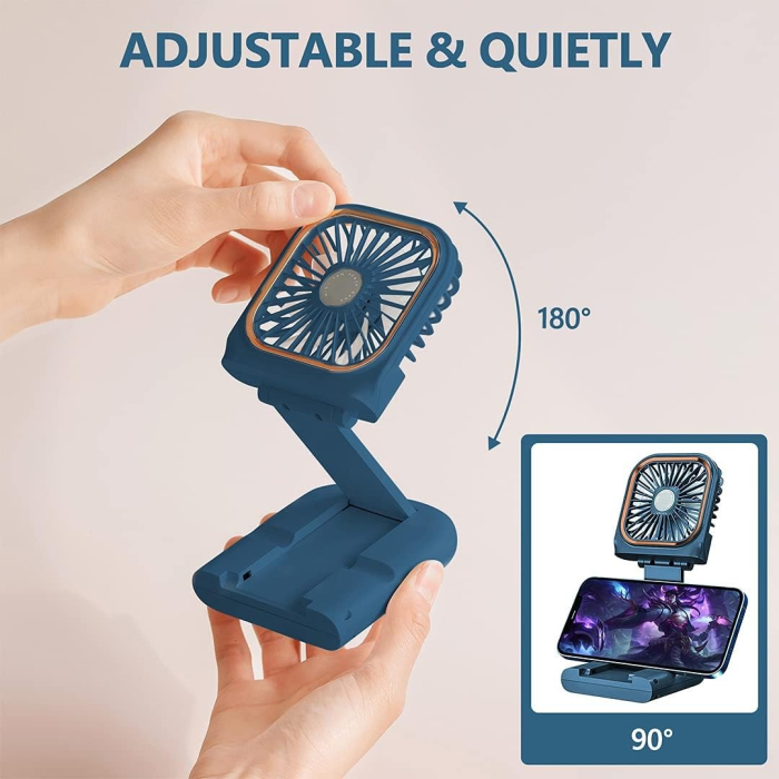 Ventilator Portabil , 3 in 1, de Mana, de Gat, de Birou, 16.7 x 8 x 1.9 cm, 3 Trepte de Viteza, Incarcare USB, Pliabil, Afisaj Digital, Suport Telefon, Albastru [4]