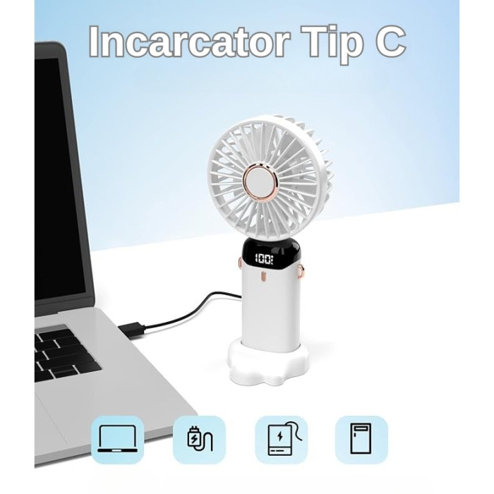 Ventilator Ultra Portabil cu Aromaterapie, , 3 in 1, de Mana, de Birou, de Gat, 5 Trepte de Viteza, Incarcare USB, Autonomie 12h, Pliabil, cu Ecran LCD, Alb [5]