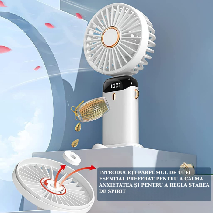 Ventilator Ultra Portabil cu Aromaterapie, , 3 in 1, de Mana, de Birou, de Gat, 5 Trepte de Viteza, Incarcare USB, Autonomie 12h, Pliabil, cu Ecran LCD, Alb [10]