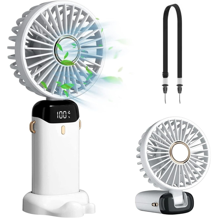 Ventilator Ultra Portabil cu Aromaterapie, , 3 in 1, de Mana, de Birou, de Gat, 5 Trepte de Viteza, Incarcare USB, Autonomie 12h, Pliabil, cu Ecran LCD, Alb [2]