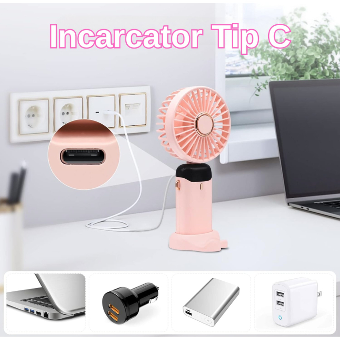 Ventilator Ultra Portabil cu Aromaterapie, , 3 in 1, de Mana, de Birou, de Gat, 5 Trepte de Viteza, Incarcare USB, Autonomie 12h, Pliabil, cu Ecran LCD, Roz [4]