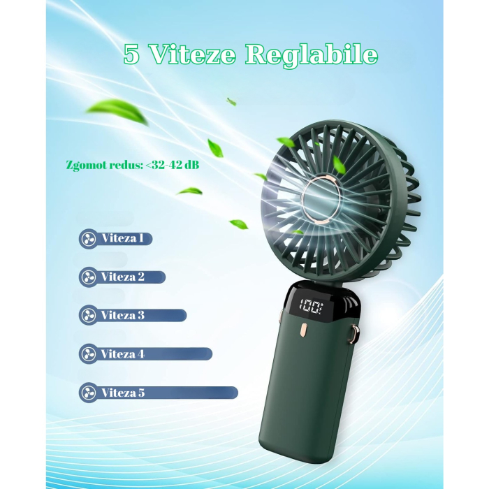 Ventilator Ultra Portabil cu Aromaterapie, , 3 in 1, de Mana, de Birou, de Gat, 5 Trepte de Viteza, Incarcare USB, Autonomie 12h, Pliabil, cu Ecran LCD, Verde [2]
