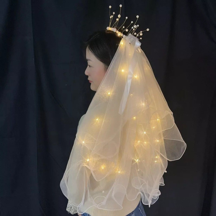 Voal Luminos cu Coronita, , Lumina Alb Cald, pentru Serbari Copii, Petrecerea Burlacitelor, Marime universala, Lumina LED, Alb [3]