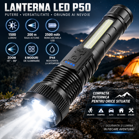 Climatizare & Iluminare LED - Lanterna LED P50 ORIGINAL DEALS, 1500 lm, zoom telescopic, acumulator 3200 mAh, IP44, negru