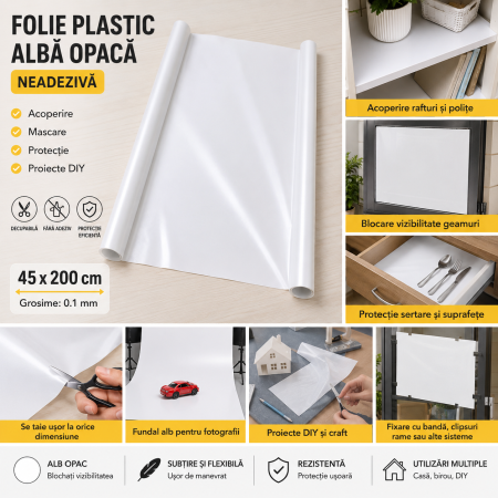 Folie Plastic Alba Opaca Neadeziva, Decupabila, 45 x 200 cm, pentru Acoperire si DIY - ORIGINAL DEALS [4]