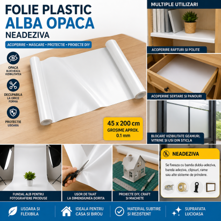 Folie Plastic Alba Opaca Neadeziva, Decupabila, 45 x 200 cm, pentru Acoperire si DIY - ORIGINAL DEALS [5]