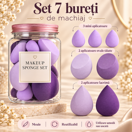 Set 7 bureti de machiaj ORIGINAL DEALS, forma ovala, poliuretan hidrofil, mov, 5.5 x 5.5 x 0.9 cm [2]
