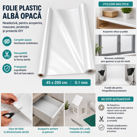 Folie Plastic Alba Opaca Neadeziva, Decupabila, 45 x 200 cm, pentru Acoperire si DIY - ORIGINAL DEALS [1]