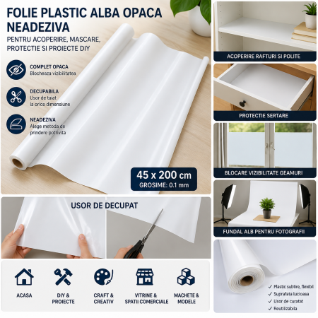 Folie Plastic Alba Opaca Neadeziva, Decupabila, 45 x 200 cm, pentru Acoperire si DIY - ORIGINAL DEALS [2]