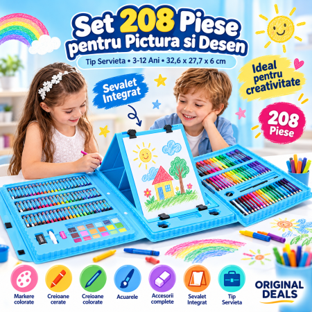 Jucarii, Copii & Bebe - Set 208 Piese pentru Pictura si Desen, Servieta Albastra, 3-12 Ani - ORIGINAL DEALS