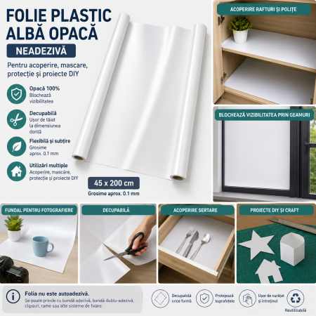 Folie Plastic Alba Opaca Neadeziva, Decupabila, 45 x 200 cm, pentru Acoperire si DIY - ORIGINAL DEALS [3]