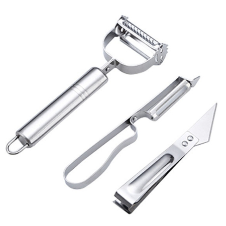 Ustensile pentru Bucătărie - Accesorii de Curatat Decojit Fructe Legume, , Set 3 Piese, Feliator Cutit Decojitor, Legume si Fructe, din Otel Inoxidabil, cu Maner, Argintiu
