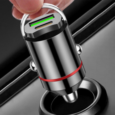 Adaptor Auto 2 in 1, , din Aliaj, Port TYPE-C, PORT USB, 100 W, Inel Metalic de Tragere, practic Invizibil, Incarcare Mega Rapida, Negru [1]
