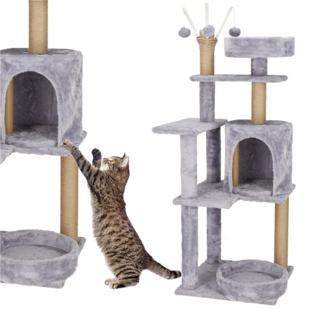 Ansamblu de joaca pentru pisici, cu loc pentru zgariat, ascuns, culcus, mingi, 127cm, gri [9]