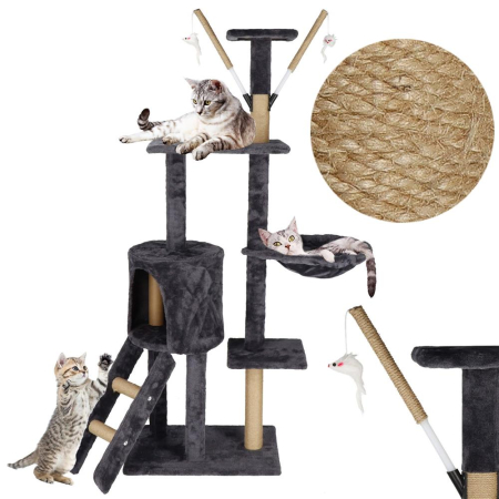 Ansamblu de joaca pentru pisici, cu loc pentru zgariat, ascuns, culcus, mingi, 145cm, grafit [6]
