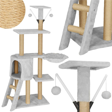 Ansamblu de joaca pentru pisici, cu loc pentru zgariat, ascuns, culcus, soricei, 136cm, gri [9]