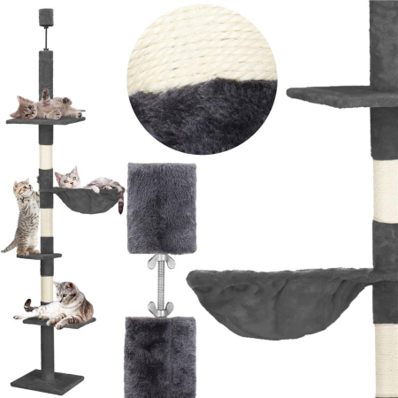 Ansamblu de joaca pentru pisici, tip stalp de catarat pana la tavan, inaltime reglabila, 240 - 265 cm, gri inchis [7]