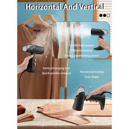 Aparat de Calcat Vertical Portabil cu Abur, , Putere 1500W, Rezervor Detasabil de 138ml, Priza, Functie Anti Calcar si Auto Curatare, Pliabil, cu Perie, 20x10.5x8 cm, Negru [7]