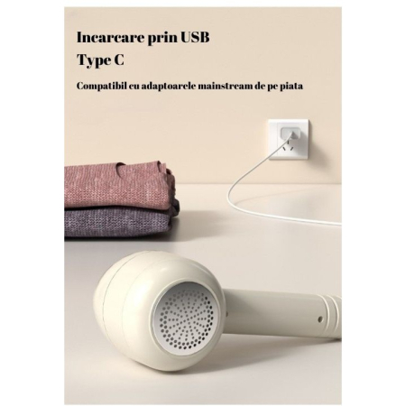 Aparat Pentru Curatat Scame, Par Si Praf, , Pentru Diferite Tipuri De Material, Cu Lame Din Otel Inoxidabil, Incarcare Prin USB Type-C, Cu Perie De Curatare, Cablu USB Si Stick Cu Lipici Incluse, Alb, 220 x 86 mm [1]