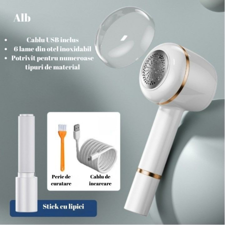Aparat Pentru Curatat Scame, Par Si Praf, , Pentru Diferite Tipuri De Material, Cu Lame Din Otel Inoxidabil, Incarcare Prin USB Type-C, Cu Perie De Curatare, Cablu USB Si Stick Cu Lipici Incluse, Alb, 220 x 86 mm [4]