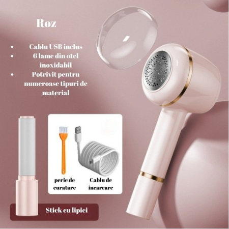 Aparat Pentru Curatat Scame, Par Si Praf, , Pentru Diferite Tipuri De Material, Cu Lame Din Otel Inoxidabil, Incarcare Prin USB Type-C, Cu Perie De Curatare, Cablu USB Si Stick Cu Lipici Incluse, Roz, 220 x 86 mm [3]