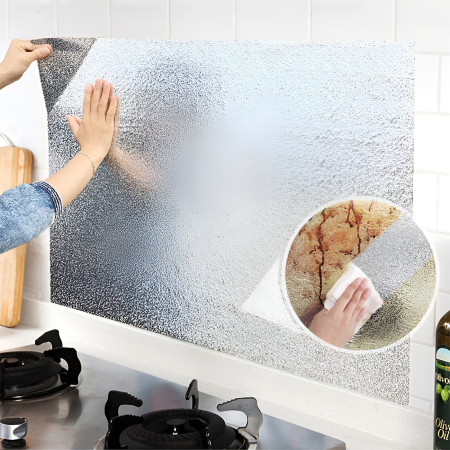 Autocolant pentru Bucătărie, , Tip Folie de Aluminiu, Rezistent la Ulei, Umezeală, Temperaturi Inalte, pentru Dulapuri, Perete, Blat, Argintiu, 60cm x 1m [1]