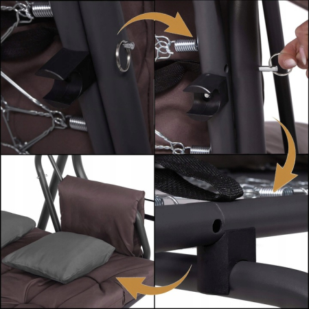 Balansoar gradina 226x126x192 cm, 3 in 1 leagan, pat si relaxare, cu plasa anti-insecte, copertina reglabila, saltea si perne incluse, gri si maro [4]