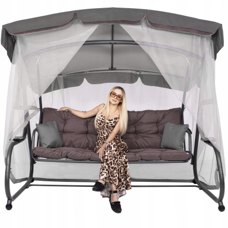 Balansoar gradina 226x126x192 cm, 3 in 1 leagan, pat si relaxare, cu plasa anti-insecte, copertina reglabila, saltea si perne incluse, gri si maro [10]