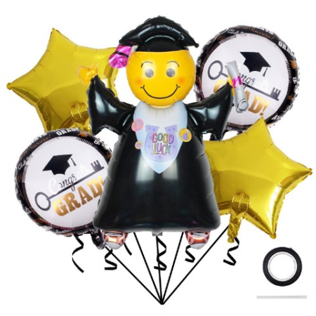 Baloane si Accesorii Absolvire - Baloane cu tematica Absolvire, , set din 5 baloane, 1 Figurina Absolventa, 2 stele, 2 rotunde, din folie de aluminiu, 70 x 40 cm, Aer si Heliu, Auriu Negru