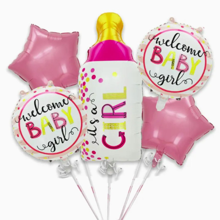 Tematica Fata/Baiat - Baloane decorative GENDER REVEAL PARTY, , Figurina Sticla, Model IT'S A GIRL, Set din 5 baloane, 40 x 77 cm, pentru Botez, Roz