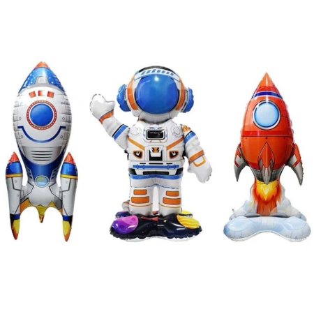 Seturi Baloane Folie - Baloane din Folie Metalizata, , set 3 Baloane pentru Baieti, Model Astronaut 49 x 69 cm, Racheta Alba 31 x 61 cm, Racheta Rosie 36 x 69 cm, Pai din carton inclus, Multicolor