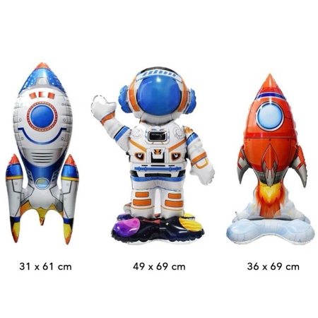 Baloane din Folie Metalizata, , set 3 Baloane pentru Baieti, Model Astronaut 49 x 69 cm, Racheta Alba 31 x 61 cm, Racheta Rosie 36 x 69 cm, Pai din carton inclus, Multicolor [1]