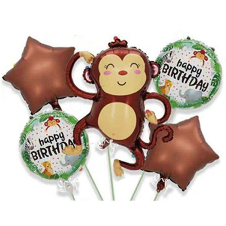✨TOATE PRODUSELE✨ - Baloane pentru aniversare, , tematica Happy Birthday, set 5 baloane, 1 Maimuta 85 x 89 cm, 2 Stele, 2 Rotunde, din folie de aluminiu, pai de carton inclus, Maro