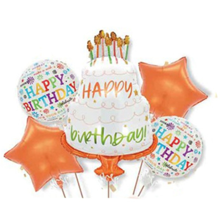 ✨TOATE PRODUSELE✨ - Baloane pentru aniversare, , tematica Happy Birthday, set 5 baloane, 1 TORT 70 x 101 cm, 2 Stele, 2 Rotunde, din folie de aluminiu, pai de carton inclus, Portocaliu