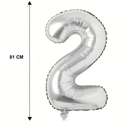 Balon din Folie , Cifra 2, 81 cm, Pentru Aer sau Heliu, Bulk, Argintiu [3]