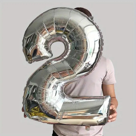 Balon din Folie , Cifra 2, 81 cm, Pentru Aer sau Heliu, Bulk, Argintiu [2]