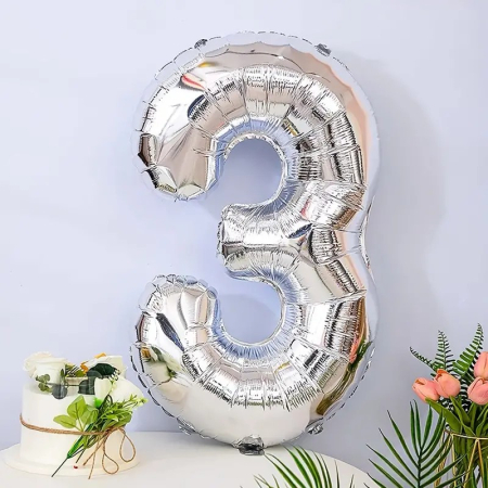 Balon din Folie , Cifra 3, 81 cm, Pentru Aer sau Heliu, Bulk, Argintiu [1]