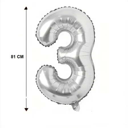 Balon din Folie , Cifra 3, 81 cm, Pentru Aer sau Heliu, Bulk, Argintiu [4]
